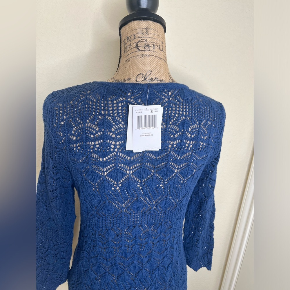 NTM Jeanne Pierre Blue Crochet Pullover Sweater NWT Scoop Neck 3/4 Sleeve Small - Picture 14 of 15